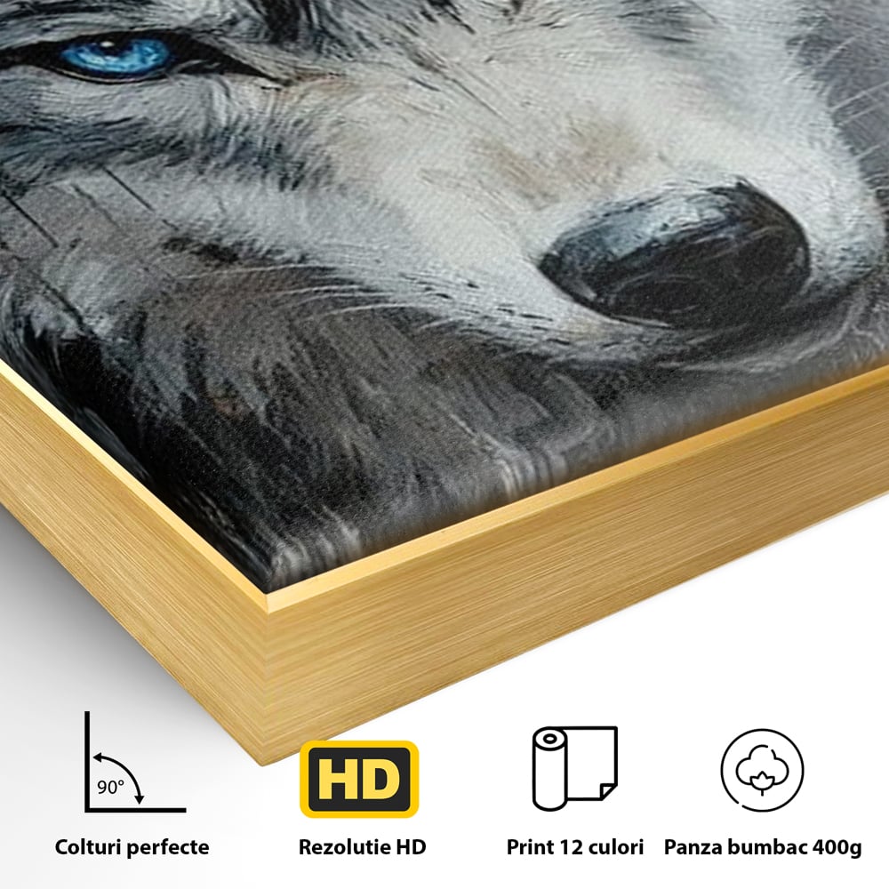 Detaliu al suprafetei: tablou canvas cu portret de lup, in rama de aluminiu auriu
